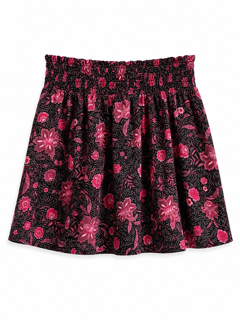 Etam Black & Pink Floral Print Smocked Waist Mini Skirt Size M
